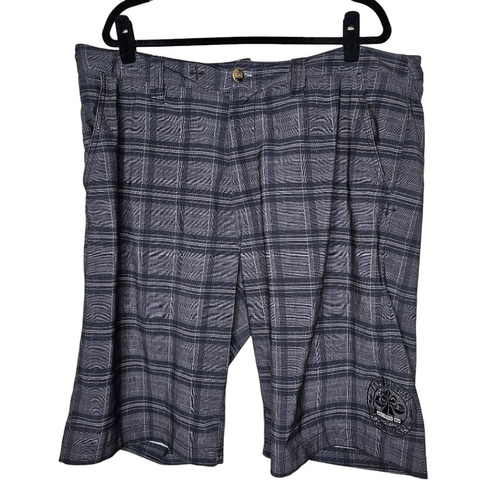 Y2K Affliction Premium 38 Grey Black Plaid Shorts Skater Goth Punk Embroidered